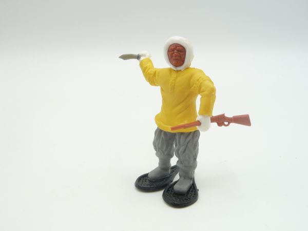 Timpo Toys Seltener Eskimo mit Messer + Gewehr, gelb, graue Beine