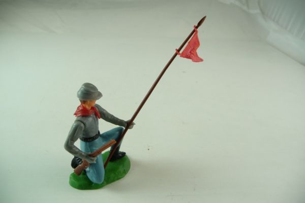 Elastolin Confederate Army soldier kneeling with rifle and flag
