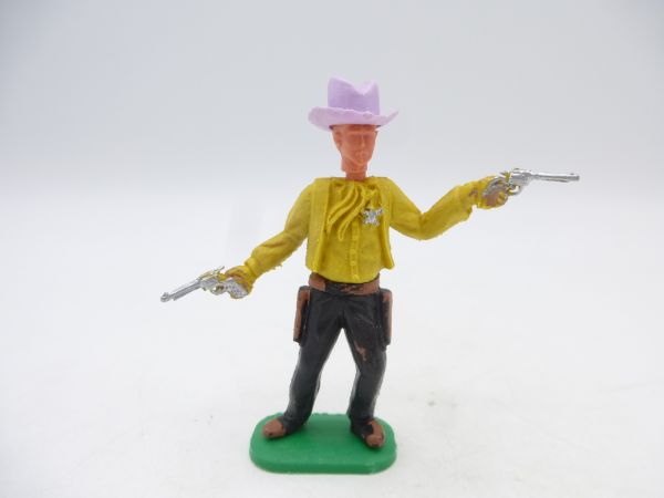 Timpo Toys Sheriff 1. Version (gelb) mit lila Stülphut, 2 Pistolen schießend