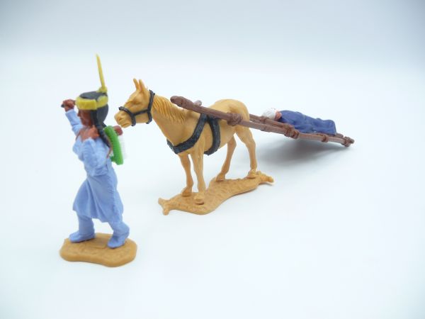 Timpo Toys Indianerin mit Travois mit Verwundetem (Halfter siehe Fotos)