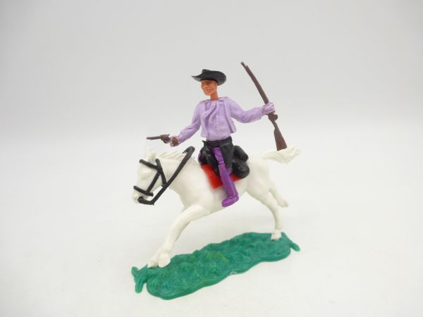 Timpo Toys Cowboy 1. Version (kleiner Hut) reitend mit Pistole + Gewehr