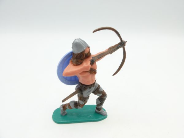 Timpo Toys Wikinger, Bogenschütze, blaues Originalschild, graue Beine