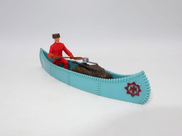Timpo Toys Canoe with trapper + cargo (turquoise, red emblem)