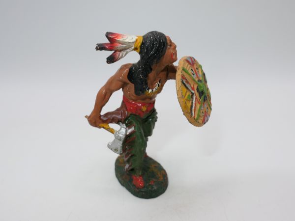Elastolin Masse Indianer vorgehend mit Tomahawk + Schild, grüne Hose