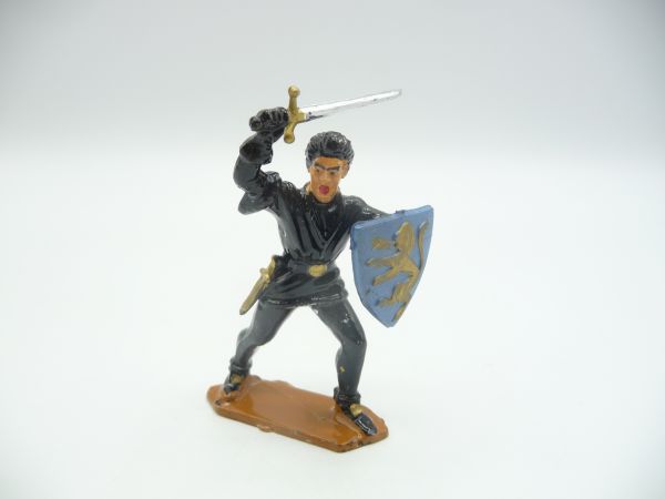 Starlux Ritter mit Schwert ausholend, mit Schild, schwarz gekleidet