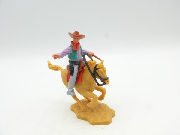 Timpo Toys Cowboy reitend mit Gewehr, zeigend, seltenes Unterteil + Hut