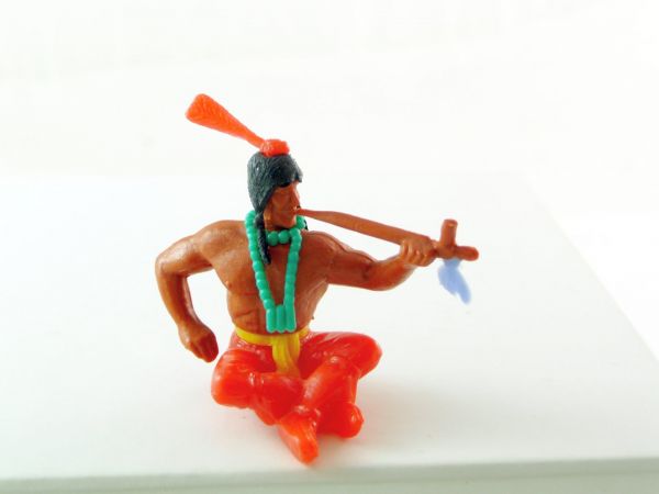 Timpo Toys Indianer sitzend mit Friedenspfeife, rotes durchsch. Unterteil