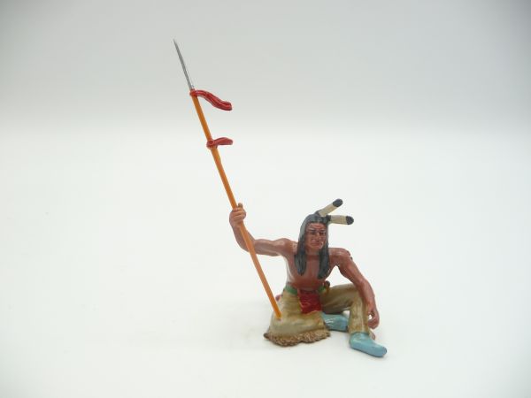Elastolin 7 cm Indianer sitzend mit Speer, Nr. 6835 - schöne Bemalung