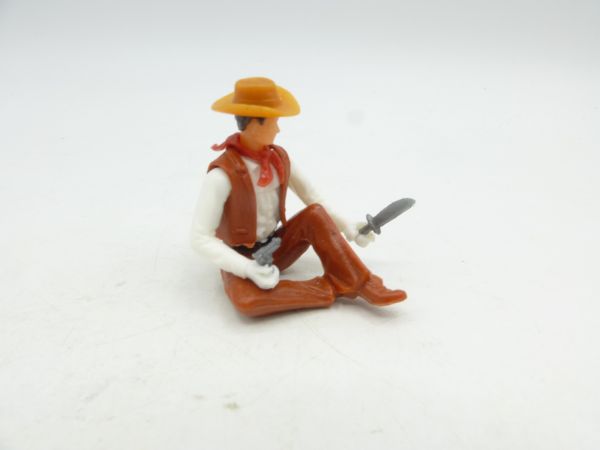 Elastolin 5,4 cm Cowboy sitzend mit Pistole + Messer - tolle Farbkombi