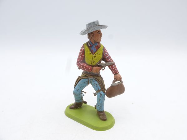 Chromoplast Cowboy mit Pistole + Geldtasche, ca. 7,5 cm - frühe Version