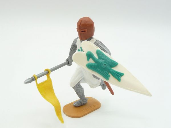 Timpo Toys Medieval knight running with flag, white/green, brown head