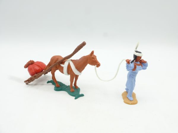 Timpo Toys Indianerin mit Travois (rotbraune Ladung) - seltenes Pferd