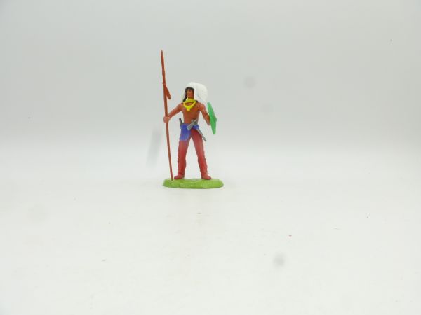 Elastolin 7 cm Indianer stehend mit Speer + Schild - Metallsockel