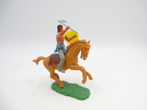Elastolin 5,4 cm Indianer zu Pferd mit Axt + Schild, weitere Waffe im Gurt