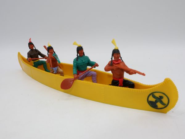 Timpo Toys Four-man canoe, deep yellow, green emblem with 4 Indians