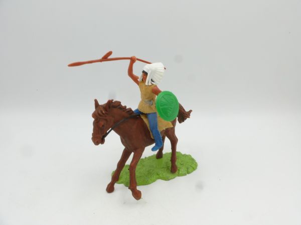 Elastolin 7 cm Indian riding, with spear + shield - metal base