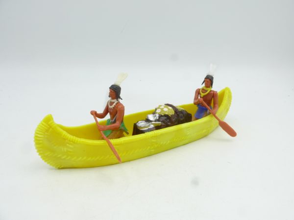 Elastolin 5,4 cm Canoe, lemon yellow with 2 Indians - 1 pin missing