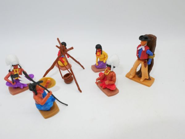 Plasty Great campfire scene with 6 figures, incl. Cowboy at the stake + campfire