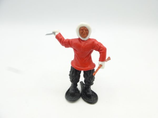 Timpo Toys Eskimo standing with knife + rifle, red, legs black