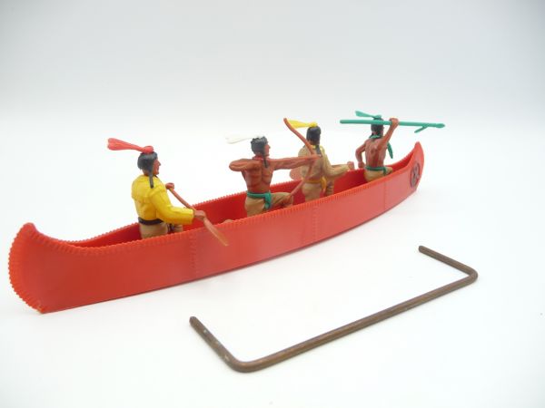 Timpo Toys Canoe with four Indians, red with black emblem