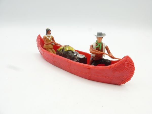 Elastolin 5,4 cm Canoe with Indian, Cowboy + cargo (cargo lies loose in the canoe)