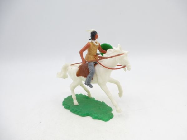 Elastolin 5,4 cm Indianer zu Pferd mit Speer + Schild, weitere Waffe im Gurt