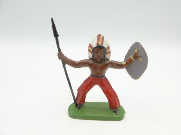 Indianer mit Speer + Schild, rote Hose (5,4 - 6 cm Größe)