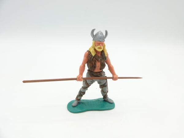 Timpo Toys Viking with fur waistcoat, holding spear in front of body