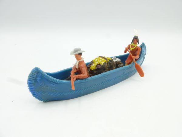 Elastolin 5,4 cm Kanu mit Indianer, Cowboy + Ladung - Kanu in seltenem Blau