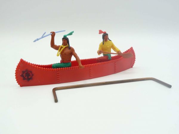 Timpo Toys Kanu mit 2 Indianern, rot mit schwarzem Emblem