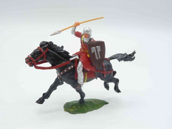 Elastolin 4 cm Normanne mit Speer zu Pferd, Nr. 8853, rot - schöne Figur