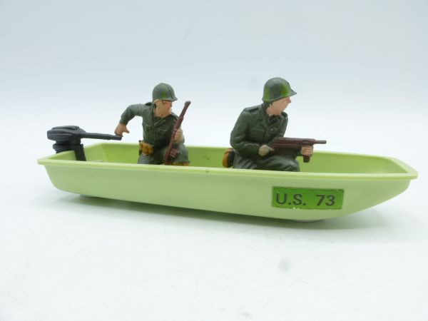 Britains Deetail Swamp boat with soldiers - one figure loose, otherwise very good condition