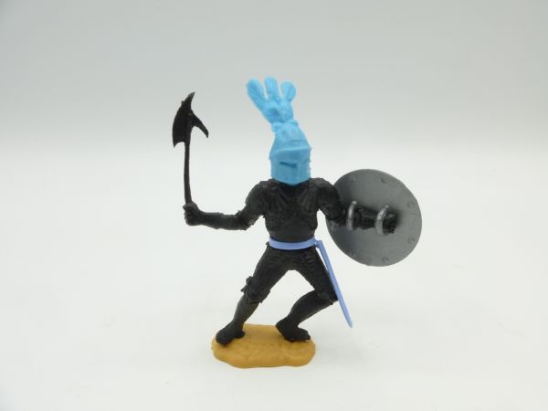 Timpo Toys Schwarzer Ritter stehend, blauer Kopf, silbernes Schild
