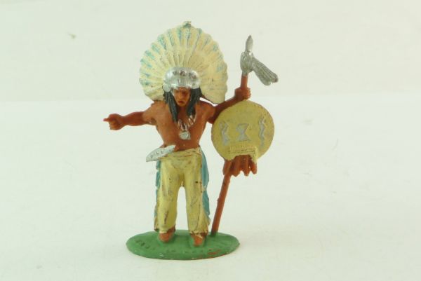 Timpo Toys Indianer stehend mit Speer und Schild, 2. Version - tolle Bemalung