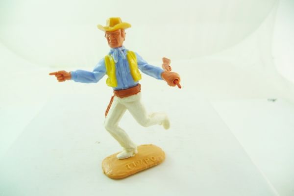 Timpo Toys Cowboy 3. Version laufend, hellblaues Hemd, gelbe Weste