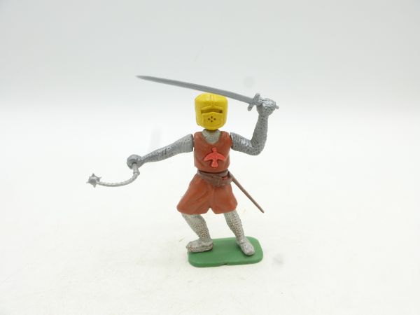 Medieval knight standing, brown with morning star + sword