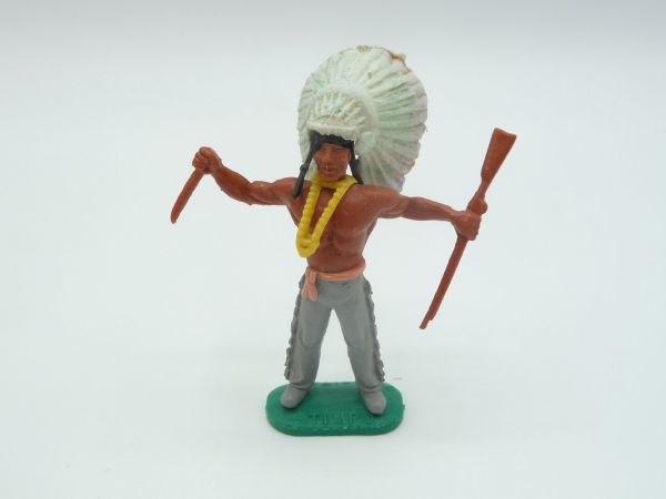 Timpo Toys Chief with long feather headdress with knife + rifle