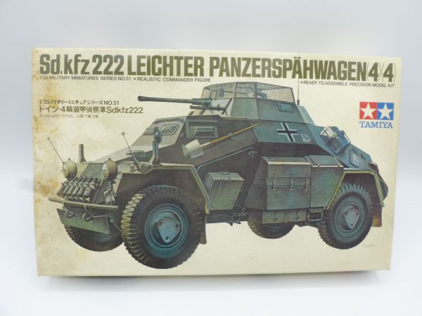 TAMIYA 1:35 Sd Kfz 222 Light Armoured Reconnaissance Vehicle - in old box, many parts on cast