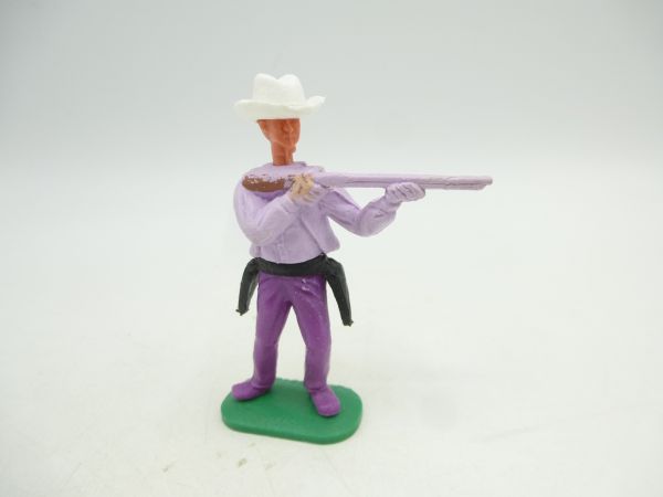 Timpo Toys Cowboy 1. Version stehend schießend, flieder, weißer Hut