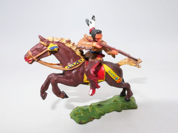 Elastolin 4 cm Indianer zu Pferd, seitlich Gewehr schießend, Nr. 6851