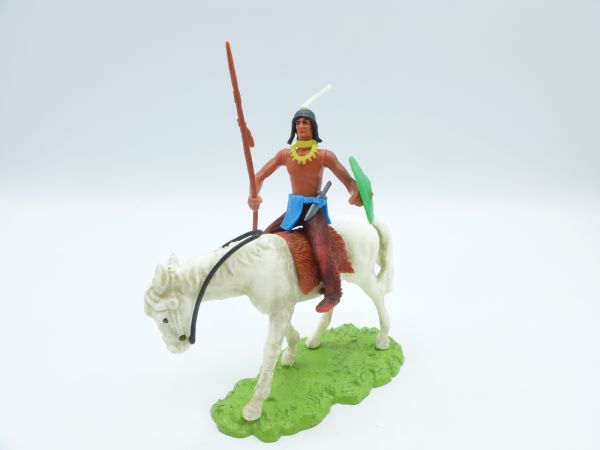 Elastolin 7 cm Indianer zu Pferd mit Speer + Schild (grünes Schild)