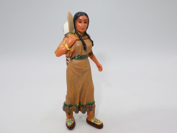 Plastoy Indian woman with baby in back carrier, brown dress (8 cm height)