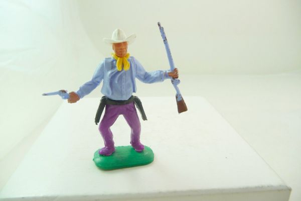 Timpo Toys Cowboy 1. Version stehend mit Pistole + Gewehr, hellblau