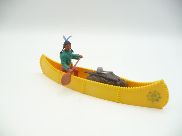 Timpo Toys Kanu mit Indianer + Ladung, eidottergelb mit grünem Emblem