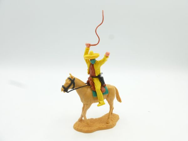 Timpo Toys Bandit on walking horse, bright deep yellow, green cloth