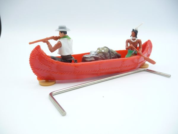 Elastolin 5,4 cm Kanu mit Indianer, Cowboy + Ladung - seltenes Halstuch, ladenneu
