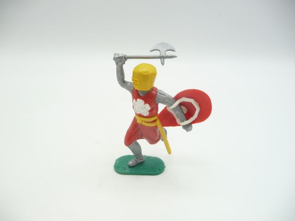 Timpo Toys Medieval knight running, red/yellow, white flower with battleaxe