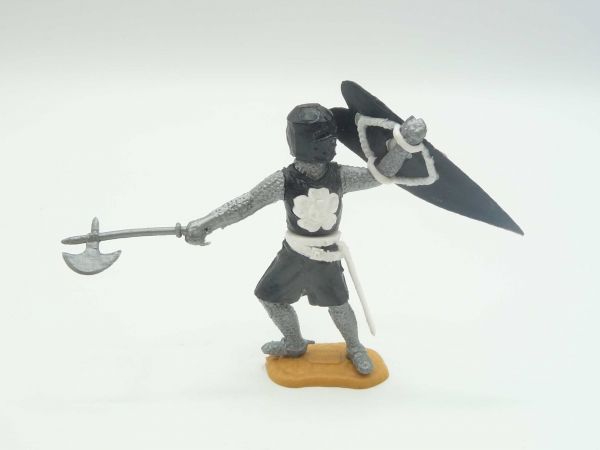 Timpo Toys Mittelalterritter schwarz/weiß stehend mit Streitaxt, weiße Schwertscheide