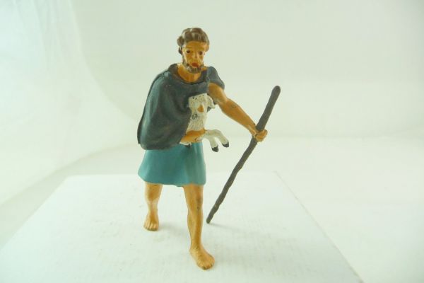Elastolin 7 cm Nativity figures: Shepherd walking with lamb, No. 6618, grey-blue robe