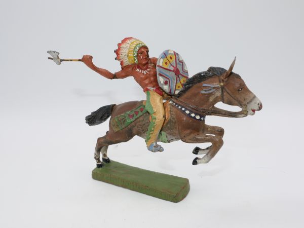 Elastolin composition Indian on horseback with tomahawk - used, stress cracks